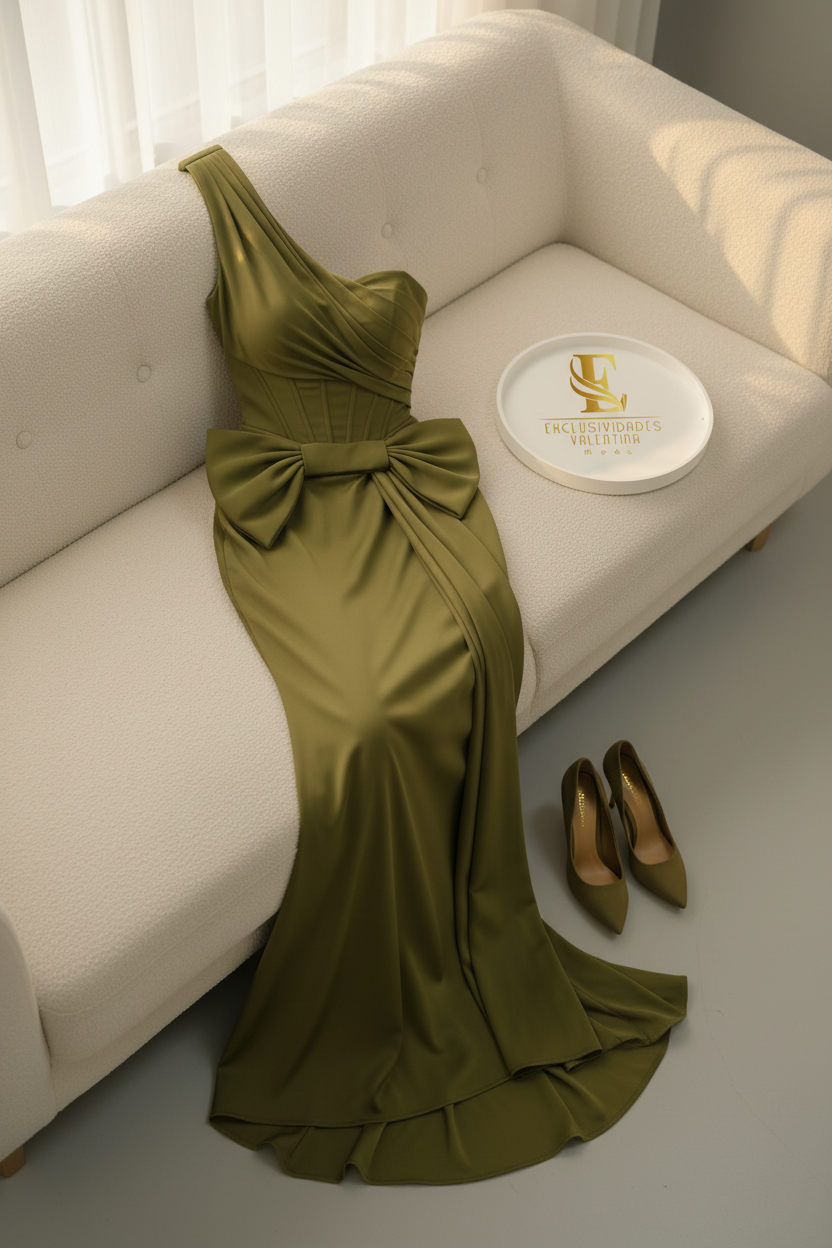 Vestido Verde Oliva Satinado Un Hombro Lazo Sirena cod.00181