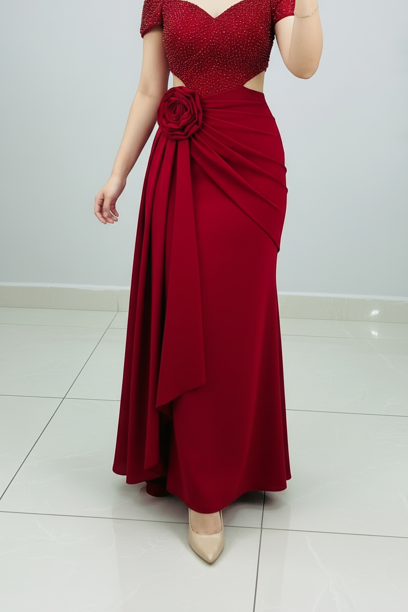 Vestido Formal Rojo Off-Shoulder Corset de Perlas con Cutout y Rosa D cod.520