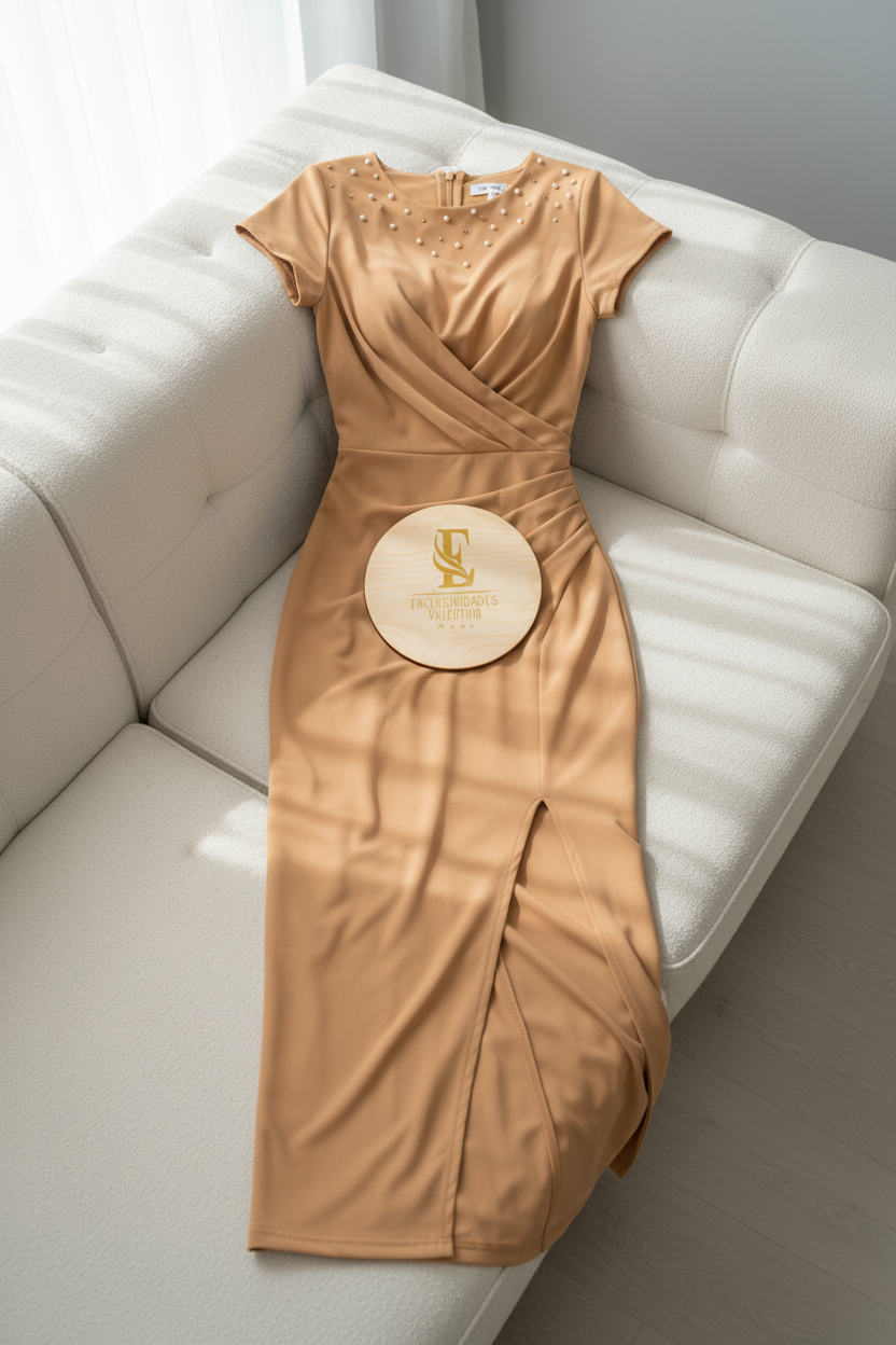 Vestido Dorado Camel con Perlas y Abertura cod.0064