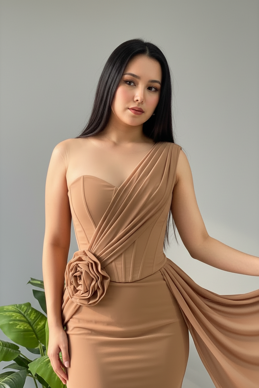 Vestido Camel Drape – Gown Un Hombro con Rosa & Panel Fluido cod.677