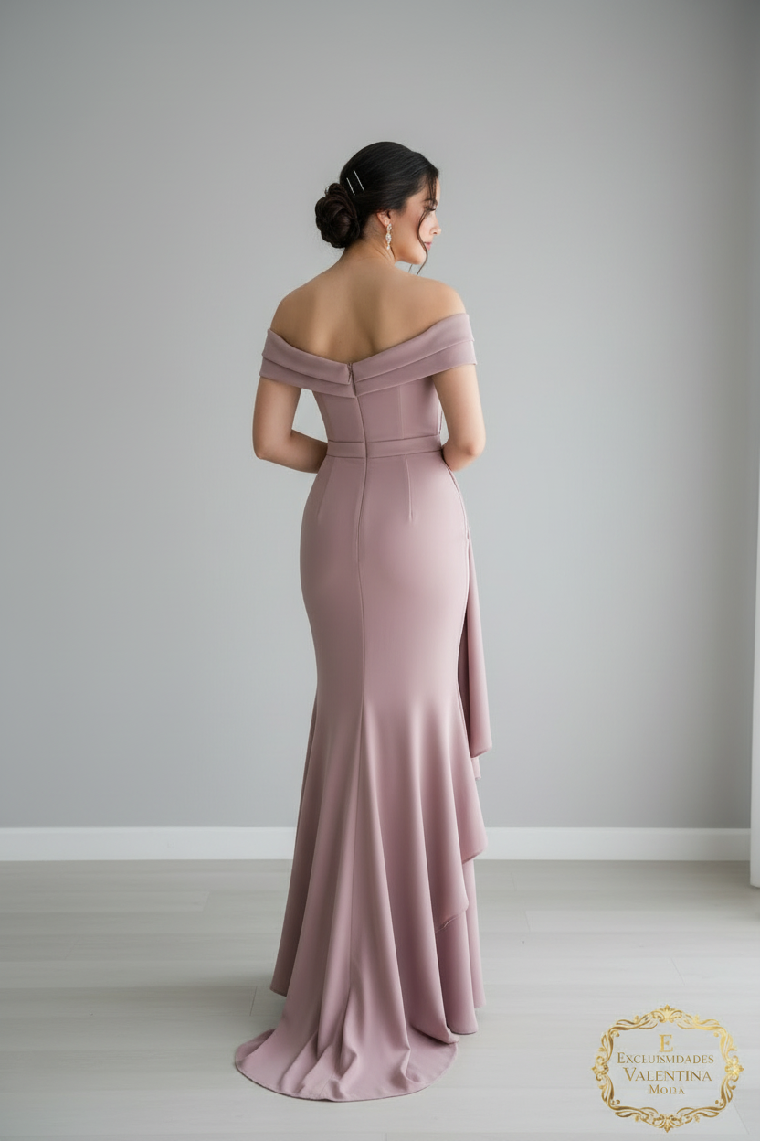 Vestido Rosa Palo Off-Shoulder Drapeado Capas cod.918