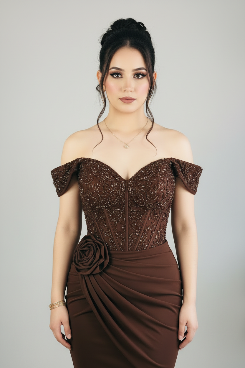 Vestido Formal Chocolate Off-Shoulder Corset de Pedrería con Rosa 3D y Falda Sirena cod.523