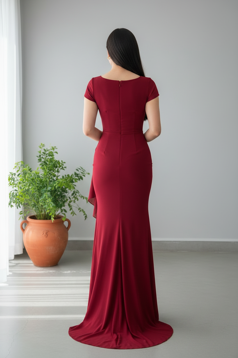 Vestido Borgoña Sirena con Botones y Volante Lateral cod.959