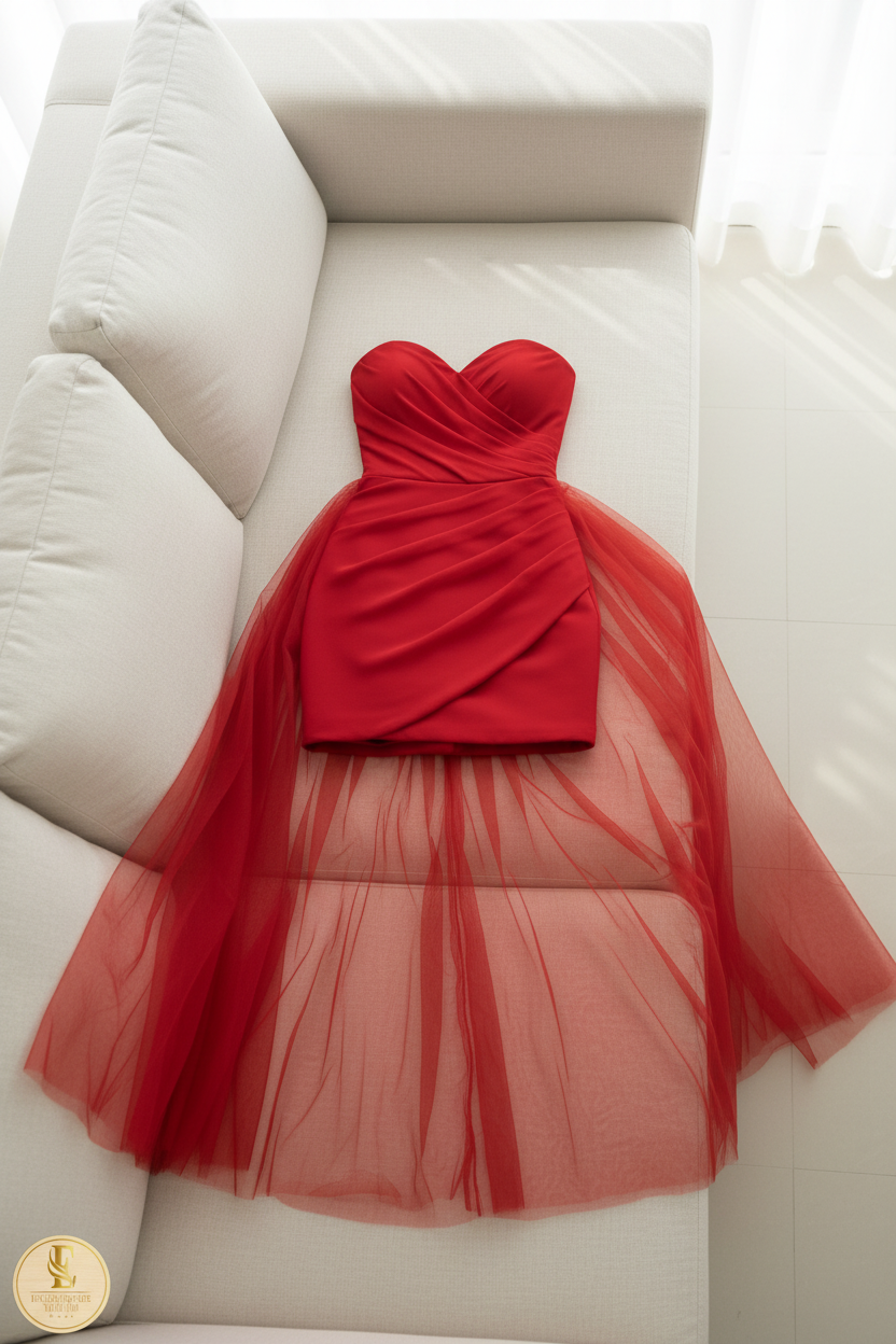 Vestido Rojo Strapless Mini Corset Drapeado con Cola de Tul Larga cod.772