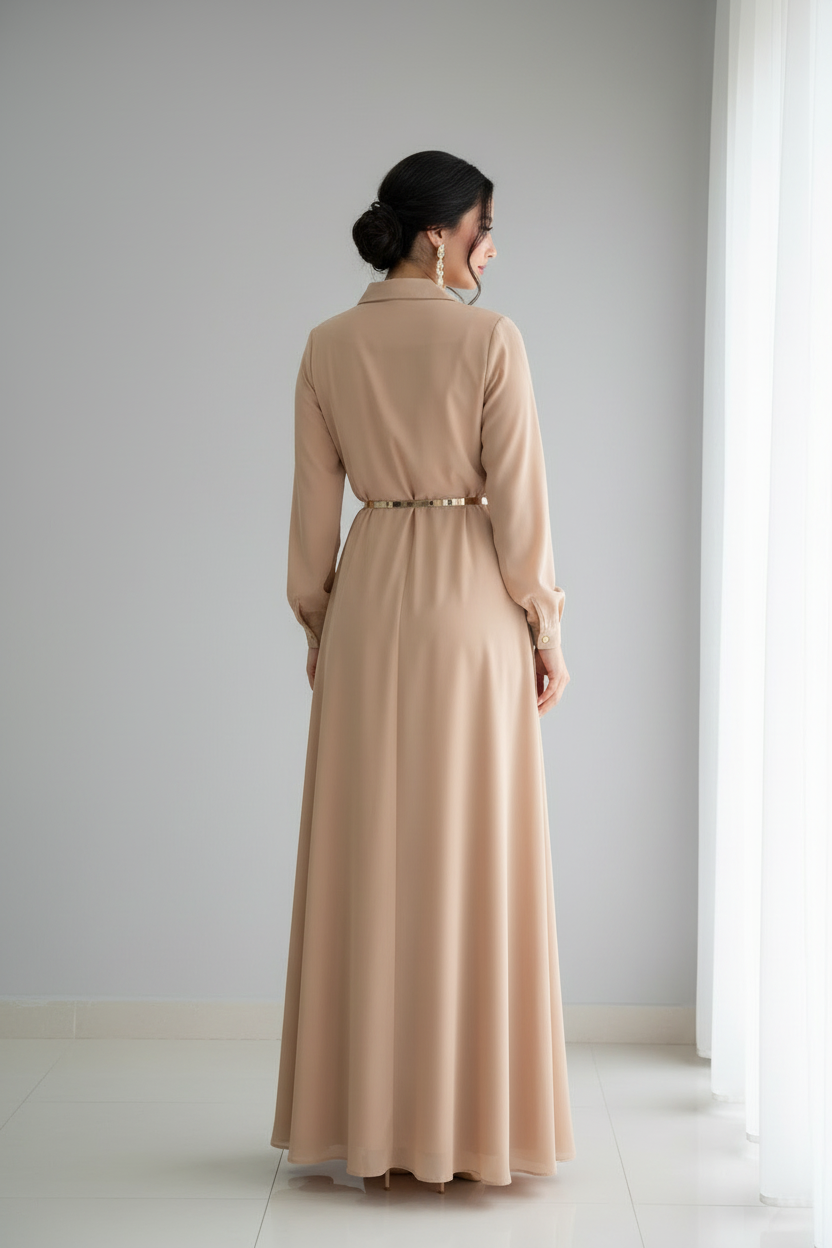 Vestido Beige Camel Manga Larga Cuello Camisero Botones Dorados Cinturon A-Line cod.831