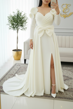 Vestido de Novia Blanco Manga Larga con Moño y Flores 3D cod.V599