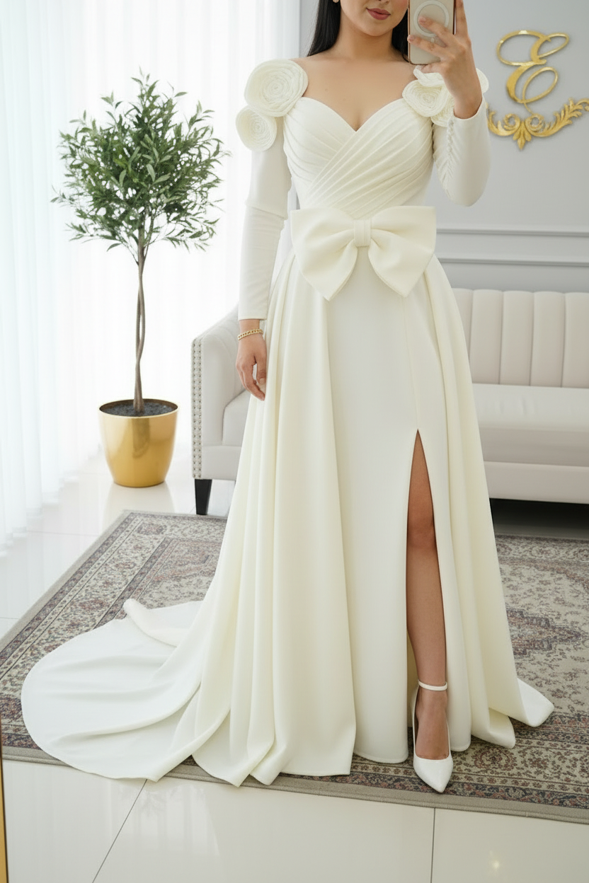 Vestido de Novia Blanco Manga Larga con Moño y Flores 3D cod.V599