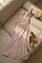 Vestido Formal Blush Rosa Palo Escote V con Drapeado Diagonal y Abertura Frontal cod.559