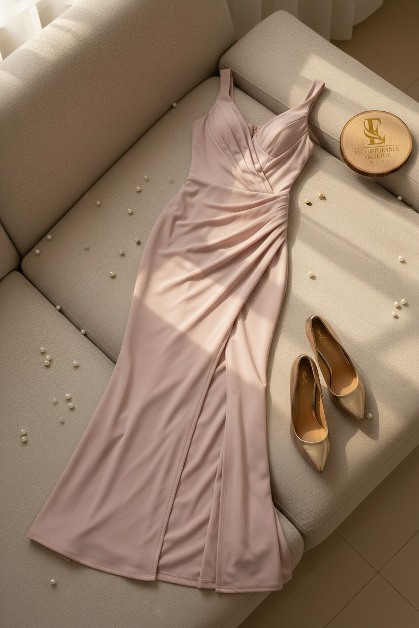 Vestido Formal Blush Rosa Palo Escote V con Drapeado Diagonal y Abertura Frontal cod.559