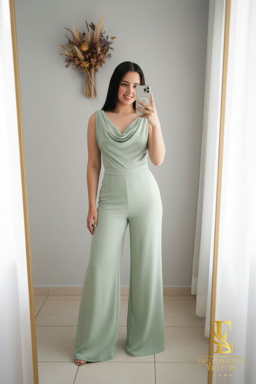 Enterizo Verde Menta | Cowl Neck Sin Mangas y Palazzo cod.E500