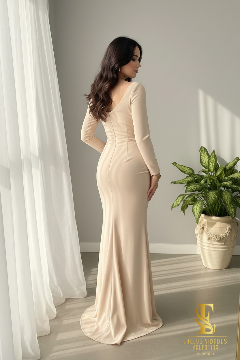 Vestido Sirena Champagne Manga Larga cod.0058