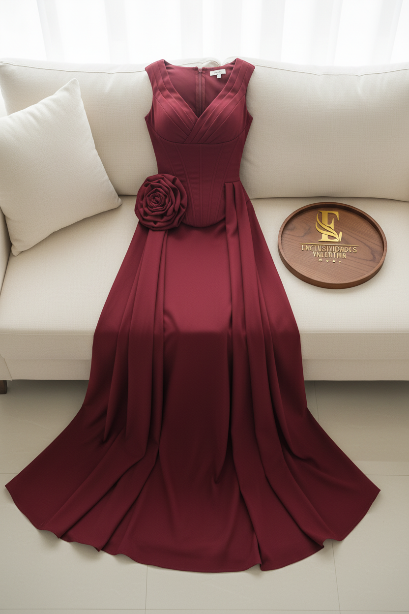Vestido Borgoña Rosa Gigante Drapeado cod.0017