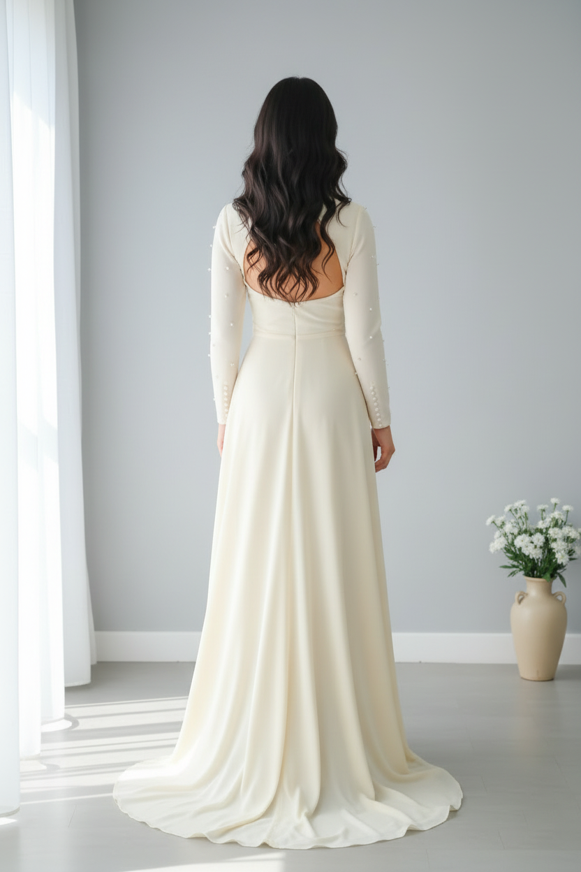 Vestido Novia Ivory Cruzado Escote V Mangas Largas y Falda A-Line cod.V0033