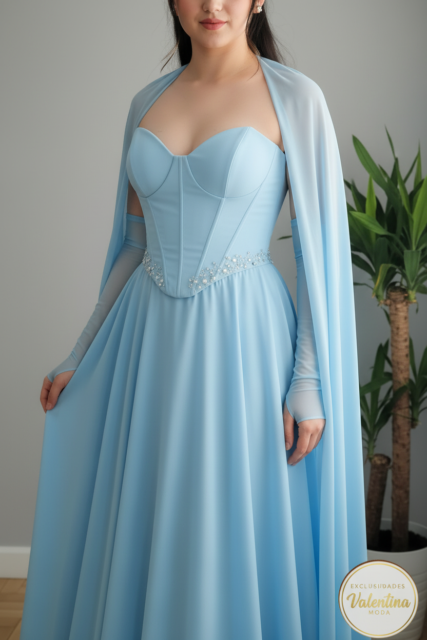Vestido Gala Azul Cielo con Capa cod.00121