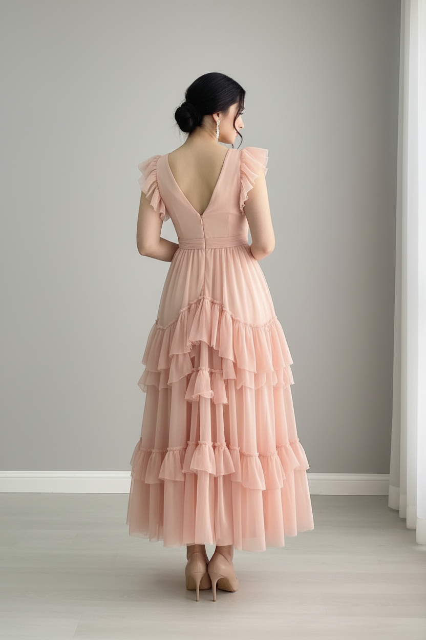 Vestido Rosa Blush Tul Sin Mangas Flutter Shoulders Escote V Rosa 3D Capas Volantes cod.833