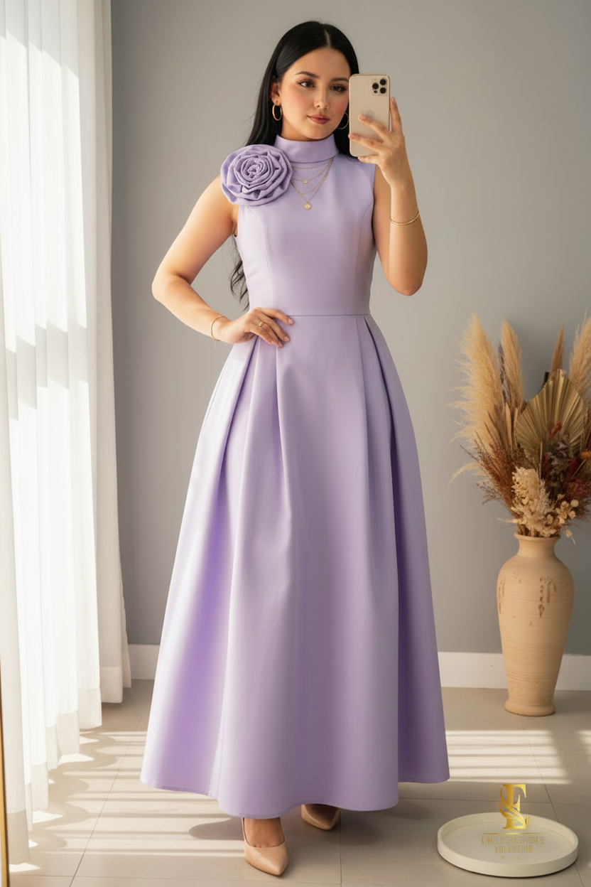 Vestido Lila Rosa 3D Cuello Alto cod.00159