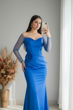 Vestido Azul Rey Off-Shoulder Manga Tul Rosa D cod.427