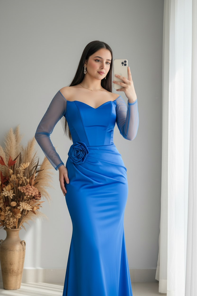 Vestido Azul Rey Off-Shoulder Manga Tul Rosa D cod.427