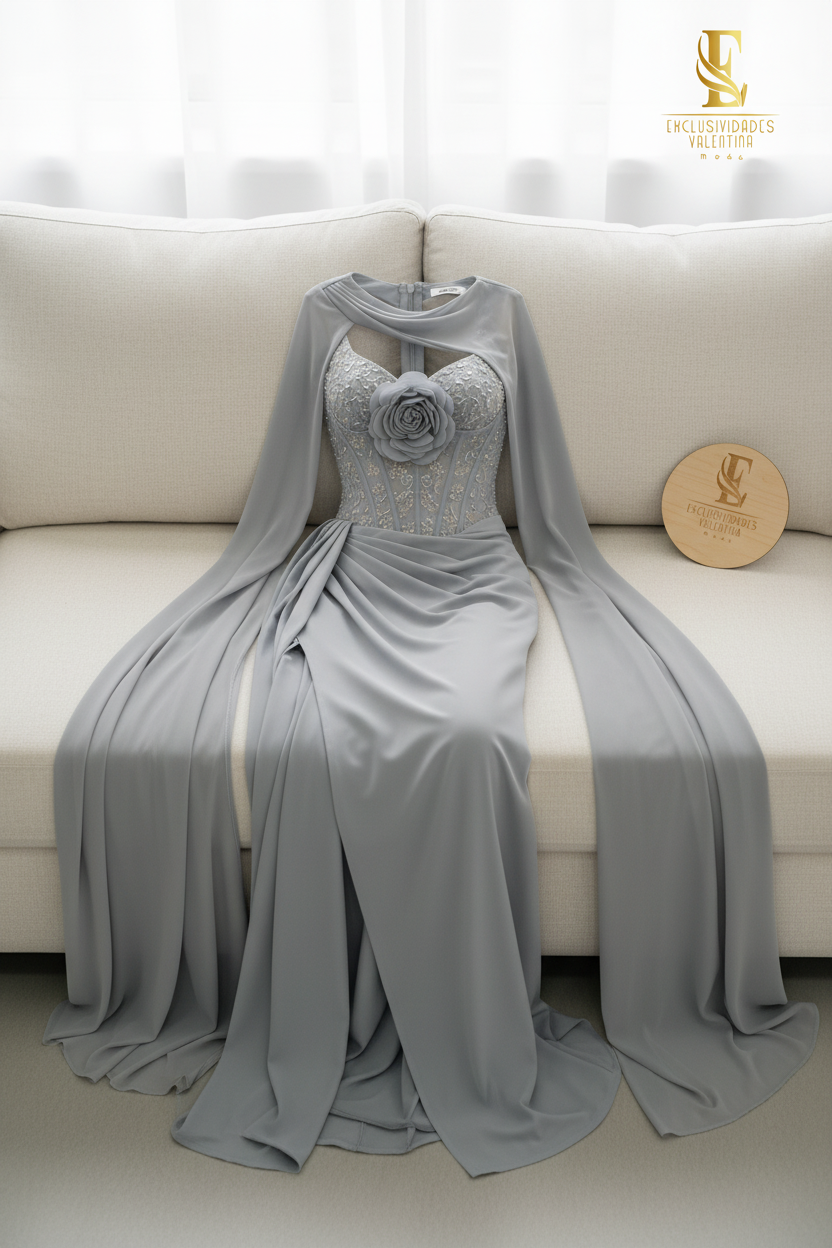 Vestido Gris con Capa y Rosa D cod.714