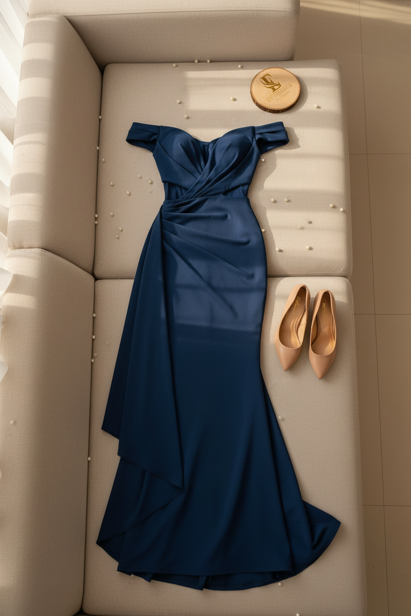 Vestido Formal Azul Marino Off-Shoulder con Cutouts y Drapeado Asimétrico cod.525