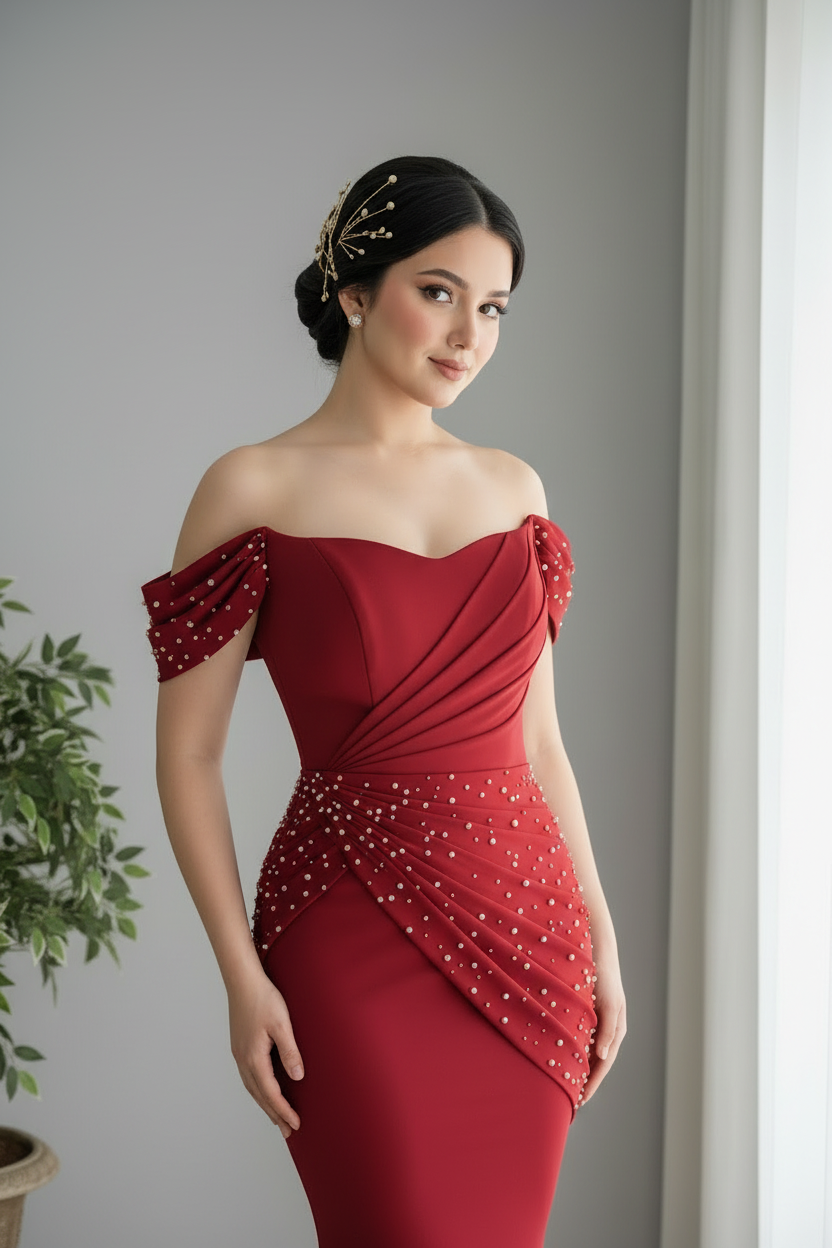 Vestido Rojo Off-Shoulder Perlas Sirena cod.0023