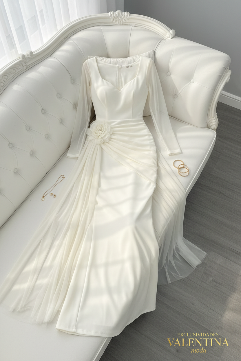 Vestido Largo Blanco Crema Flor 3D Manga Tul cod.V715