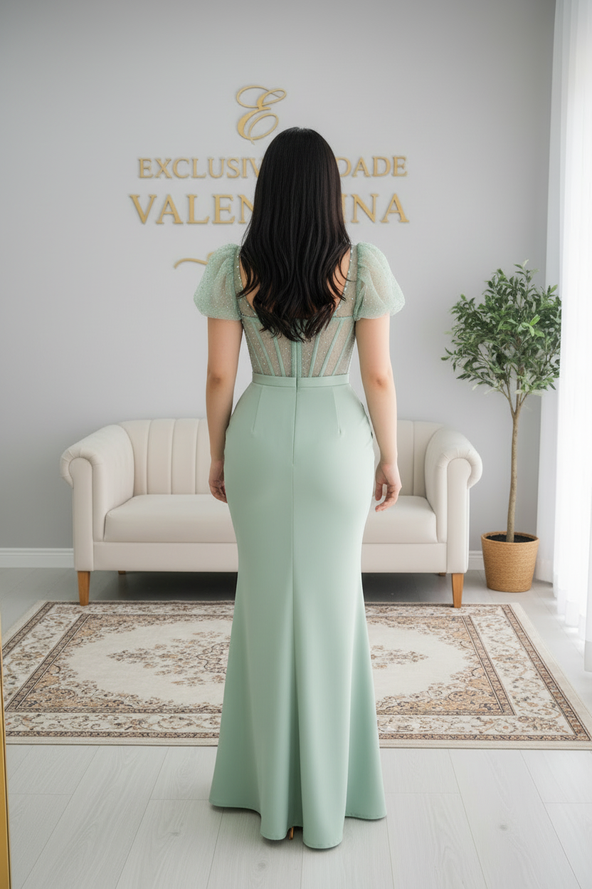 Vestido Verde Menta — Corset Tul con Perlas, Mangas Globo y Drapeado Sirena cod.V632