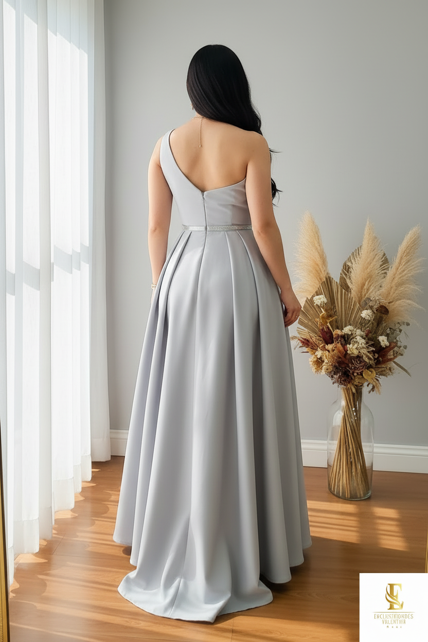 Vestido Gris Hombro Asimétrico Rosa D cod.162