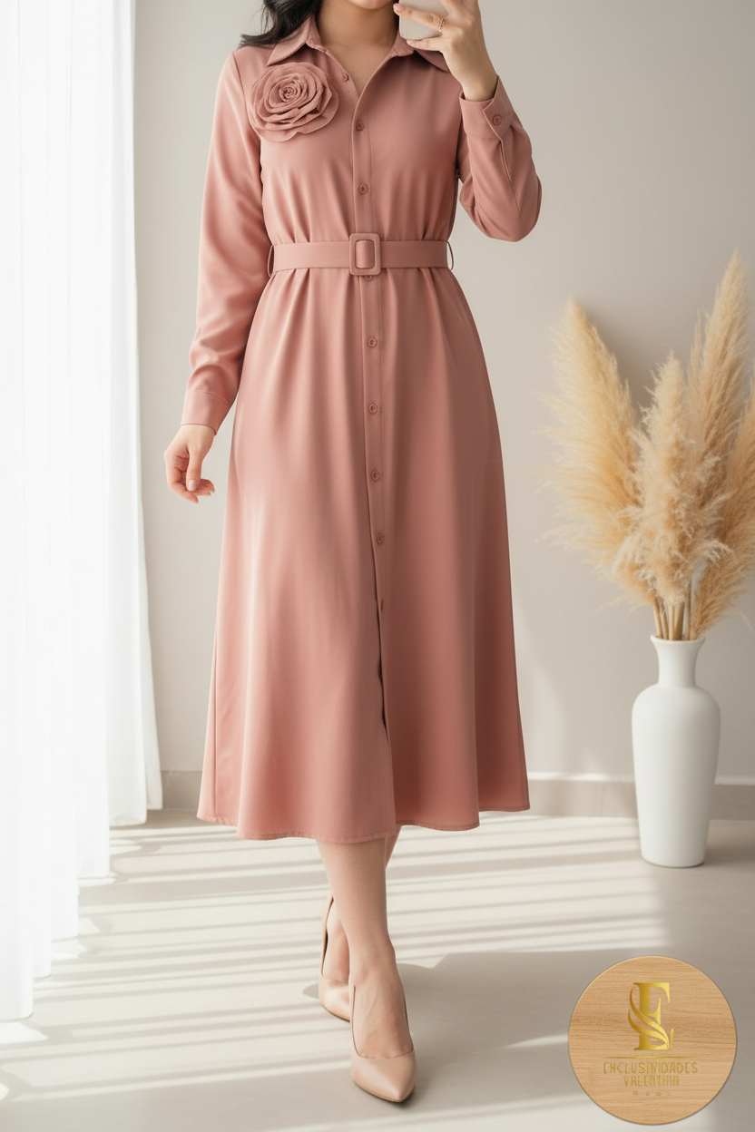 Vestido Camisero Rosa con Rosa D cod.0085