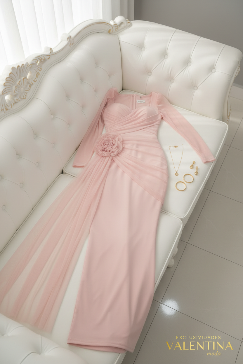 Vestido Largo Rosa Palo Flor 3D Manga Tul cod.V714