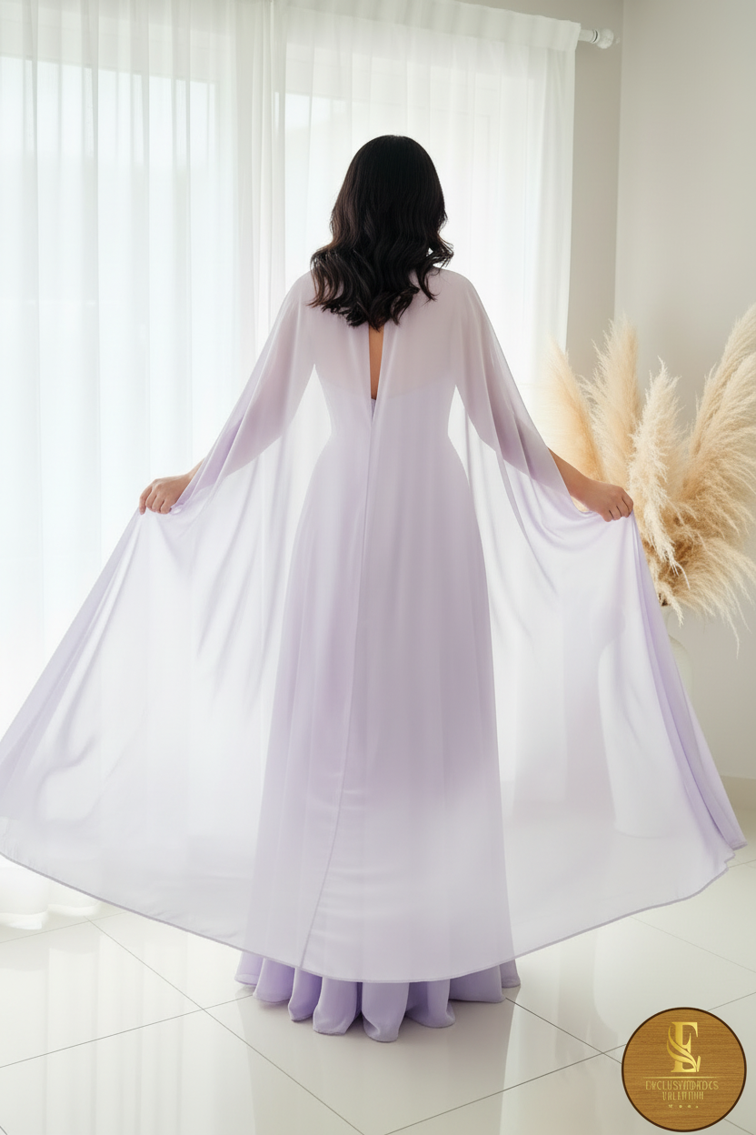 Vestido Lila Lavanda Strapless A-Line Capa Halter Bordados Cristal cod.00107