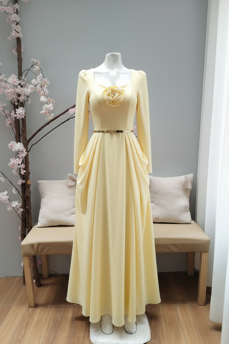 Vestido Amarillo Pastel Rosa 3D Cinturón Dorado cod.V388