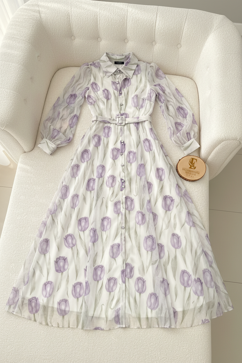 Vestido Tulipanes Lilas — Chiffon Botones & Manga Larga cod.859