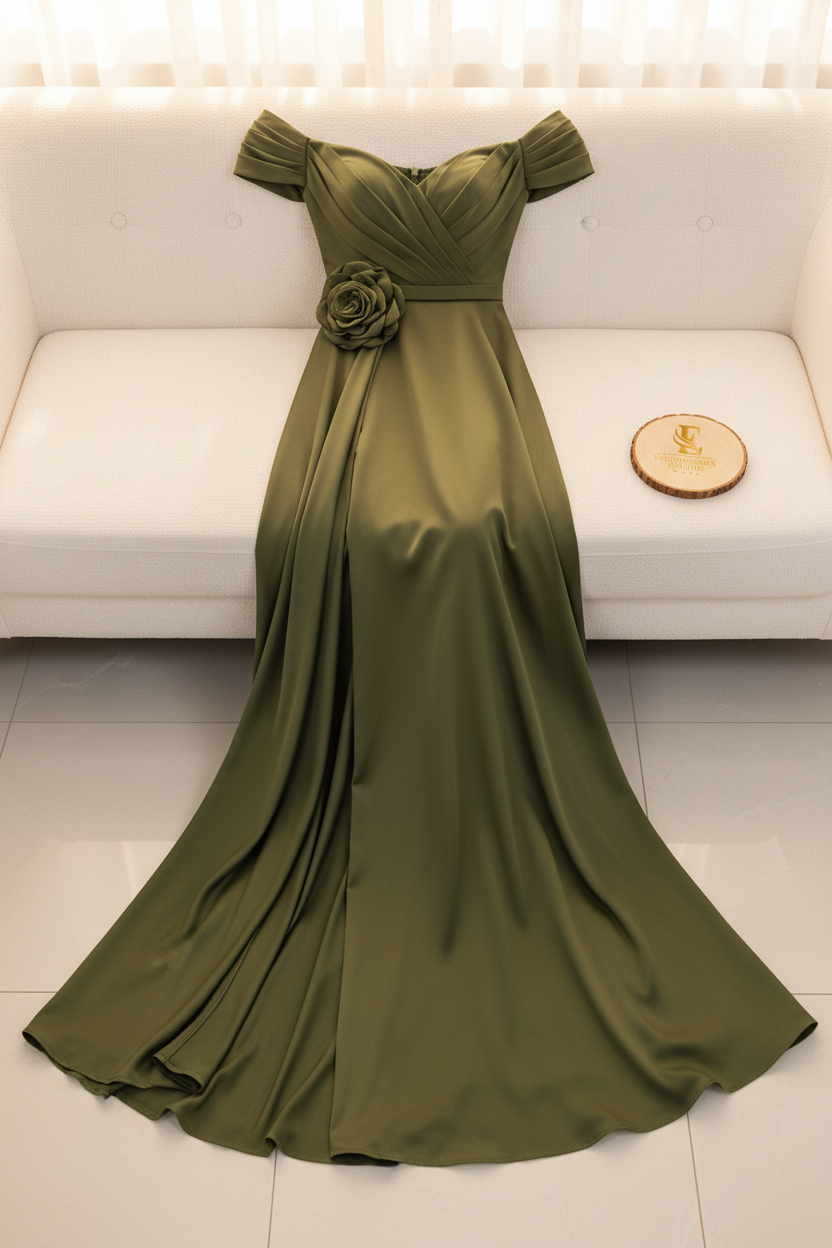 Vestido Largo Verde Oliva Off-Shoulder — Rosa 3D Cintura & Abertura Lateral cod.891