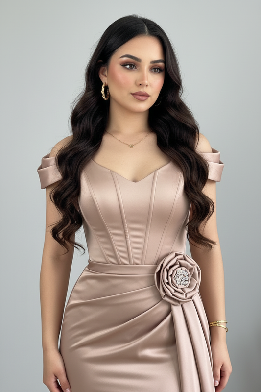 Vestido Corset Champagne Satinado Rosa 3D
