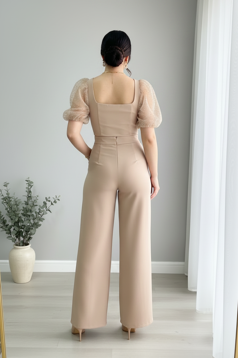 Jumpsuit Beige Champagne — Escote Corazón, Botones Dorados & Mangas Tul Perlas cod.880