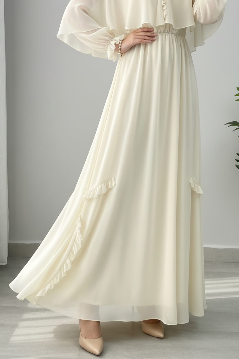 Vestido Crema Marfil Bohemio Escote V Ruffle Capa Gasa Manga Abullonada Falda A-line Volante cod.845