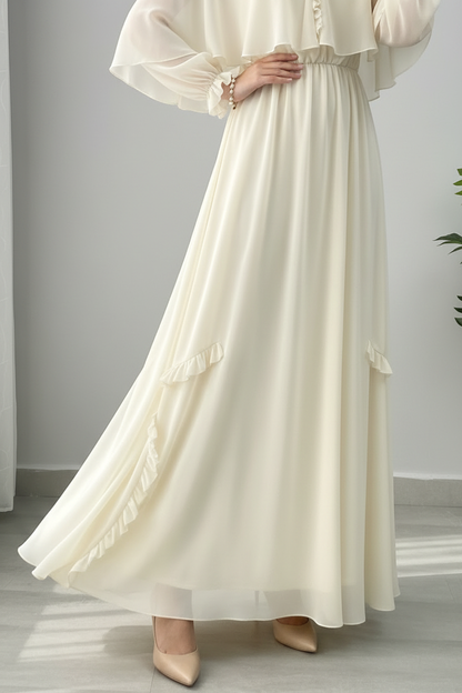 Vestido Crema Marfil Bohemio Escote V Ruffle Capa Gasa Manga Abullonada Falda A-line Volante cod.845