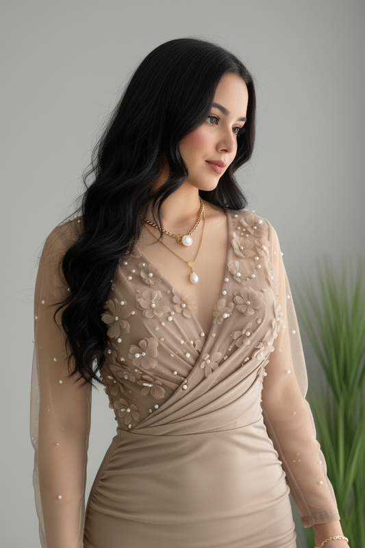 Vestido Beige Dorado Sirena Manga Larga Tul Flores 3D Perlas cod.V689
