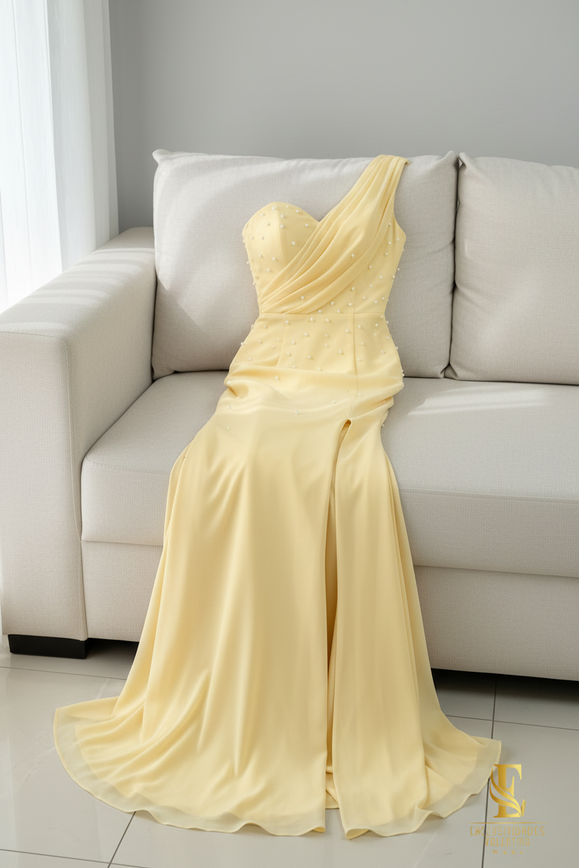 Vestido Amarillo Pastel Sirena Un Hombro Perlas Abertura cod.V335