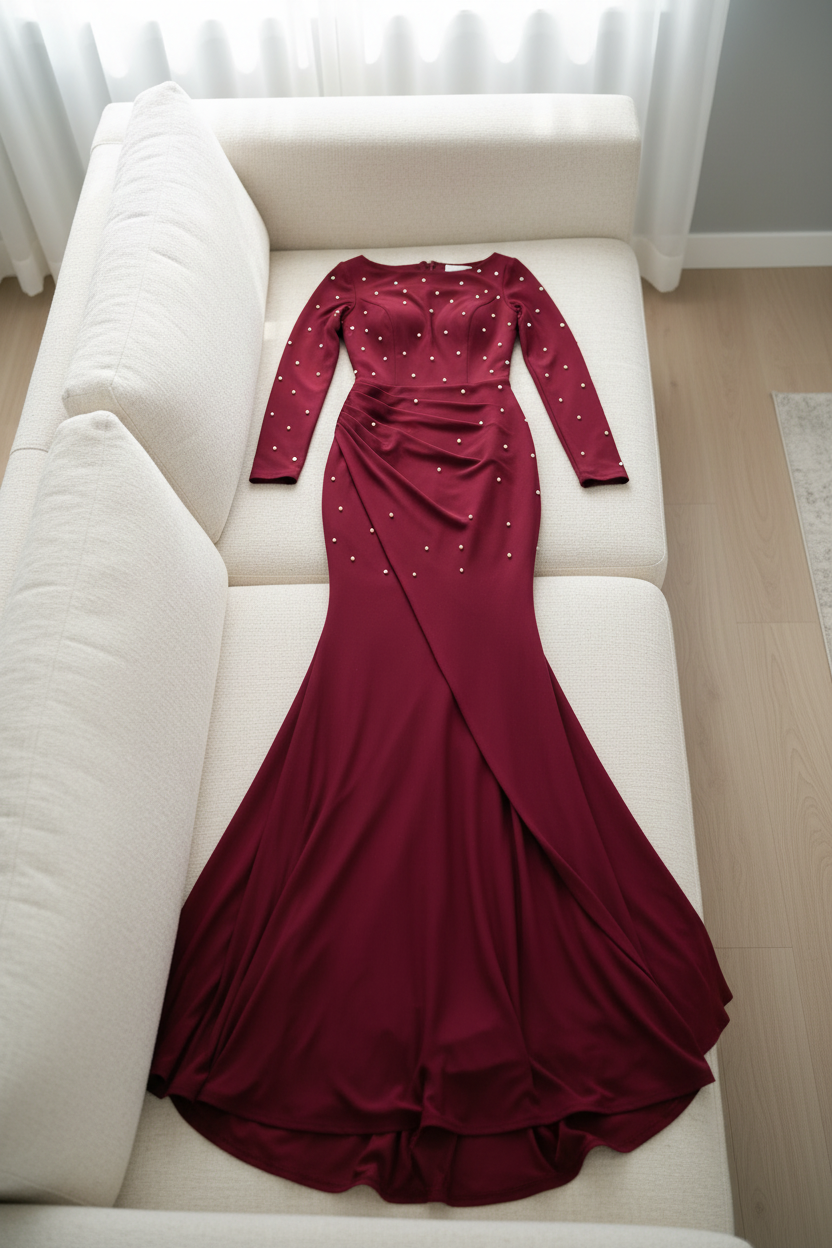 Vestido Sirena Borgoña con Perlas cod.V233