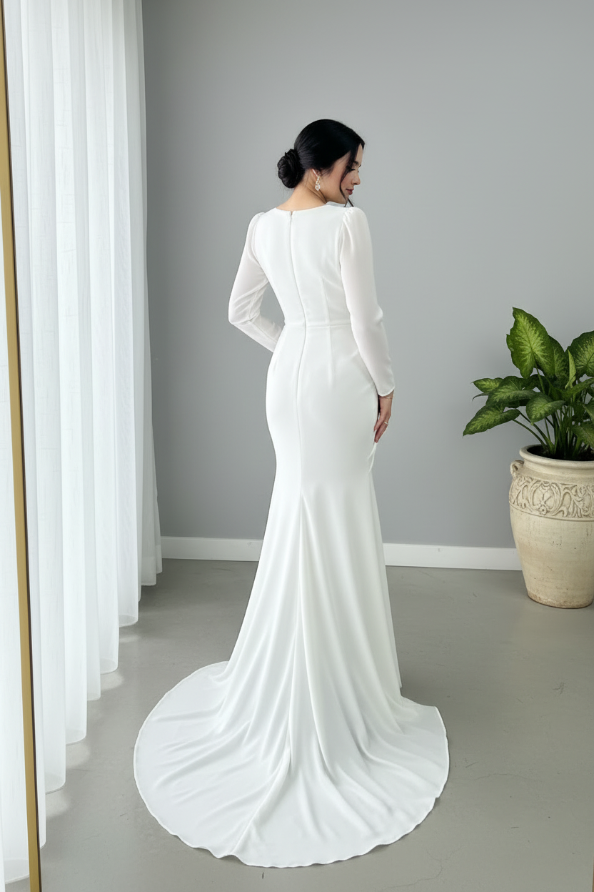 Vestido Blanco Nupcial Manga Larga Sirena con Rosa D cod.970