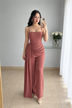 Enterizo Rosa Terracota Bustier Perlas Drapeado Lateral Pantalón Recto cod.E0005