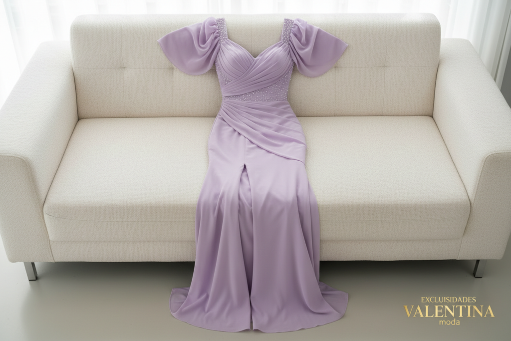 Vestido Lila Sirena con Escote V y Abertura Frontal cod.V507