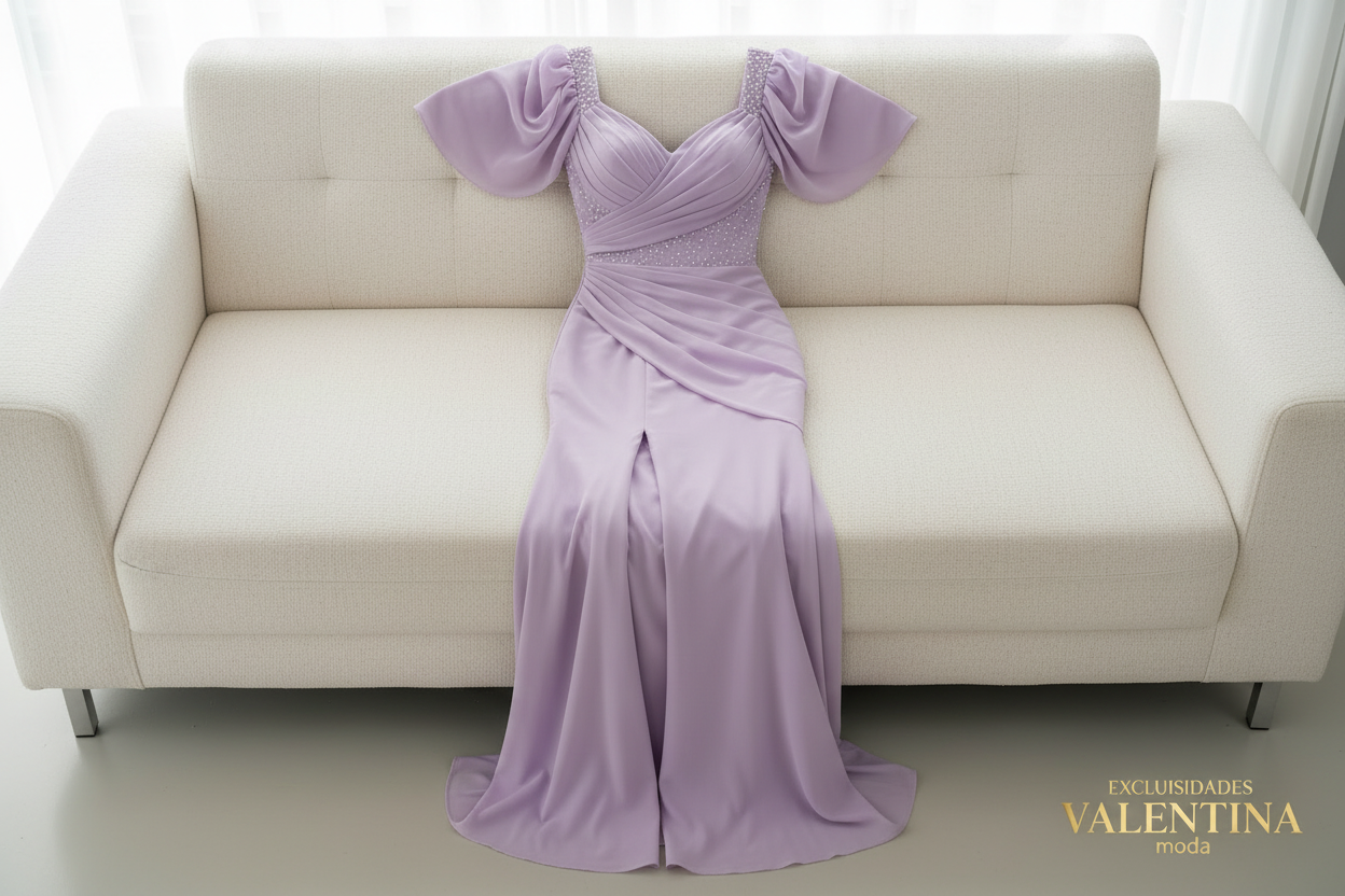 Vestido Lila Sirena con Escote V y Abertura Frontal cod.V507