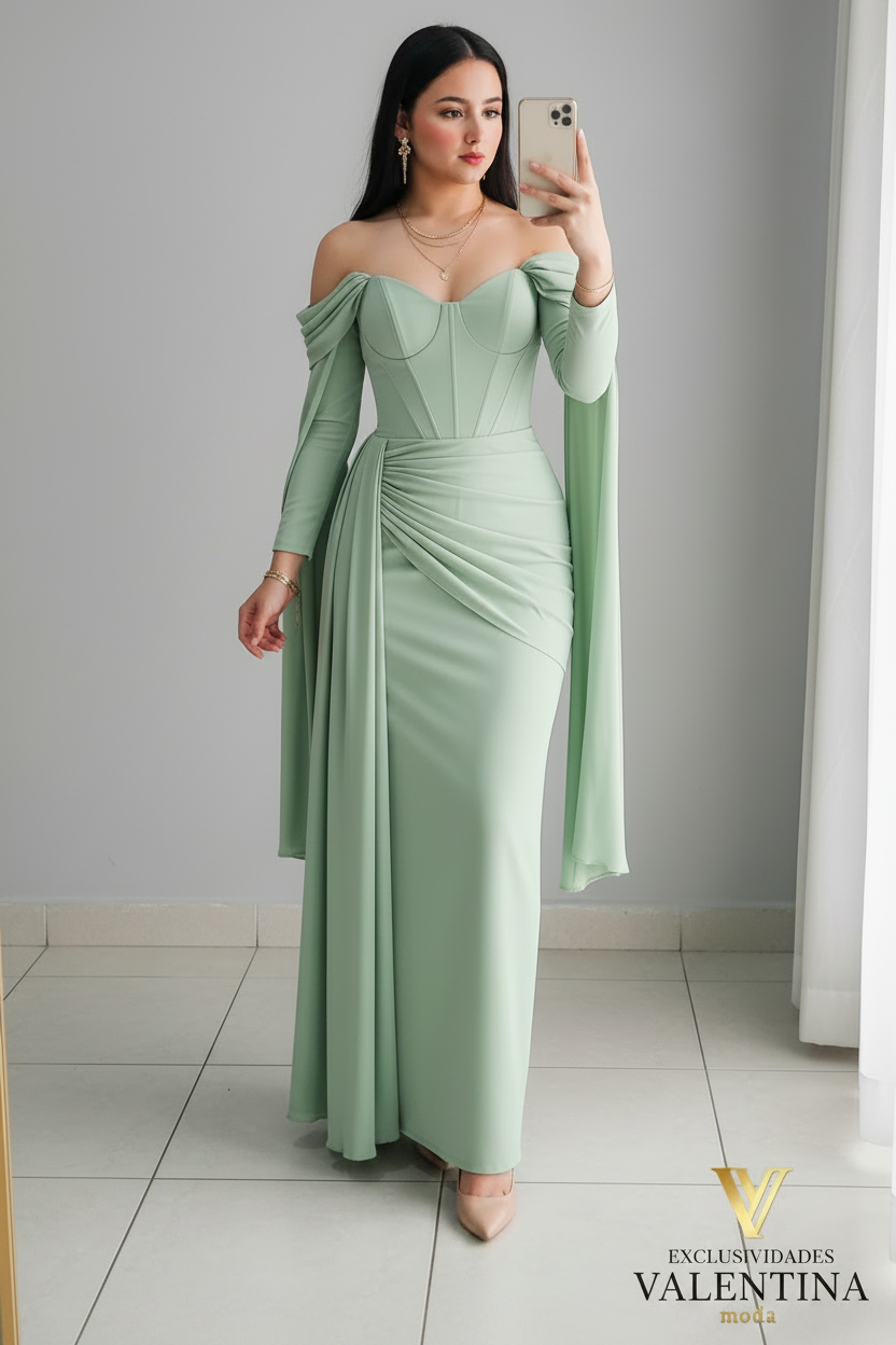 Vestido Verde Menta Off-Shoulder Corset con Mangas Largas Fluidas cod.V533
