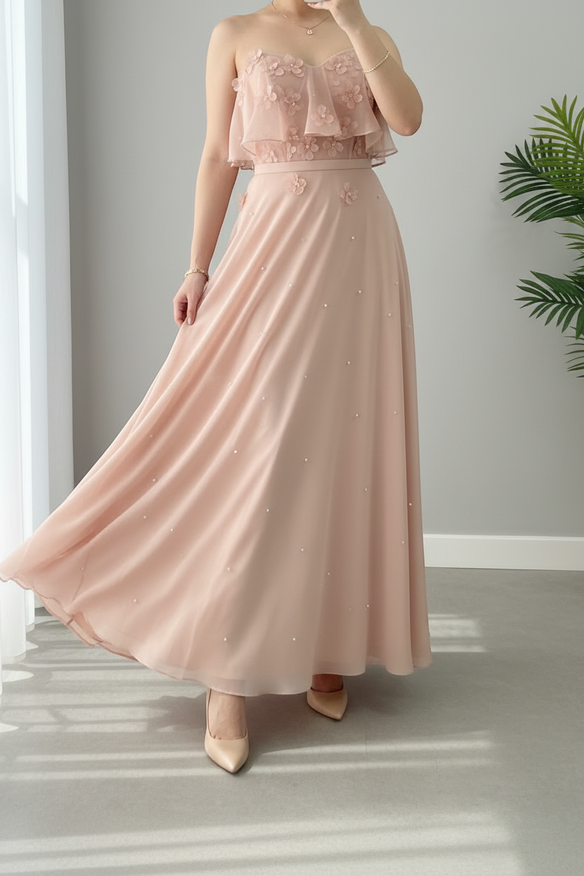 Vestido Rosa Nude — Top Floral & Falda Maxi cod.852