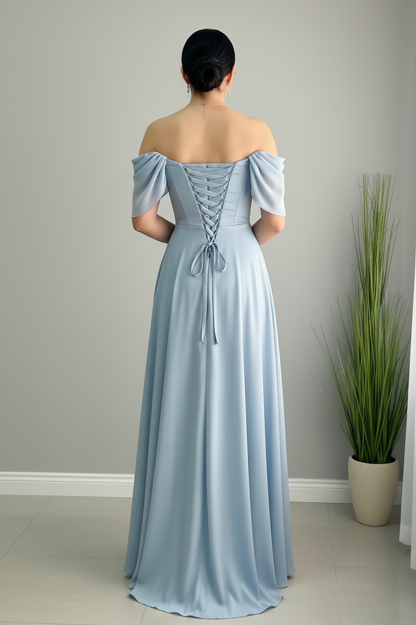 Vestido Azul Cielo Off-Shoulder Drapeado Maxi cod.V679