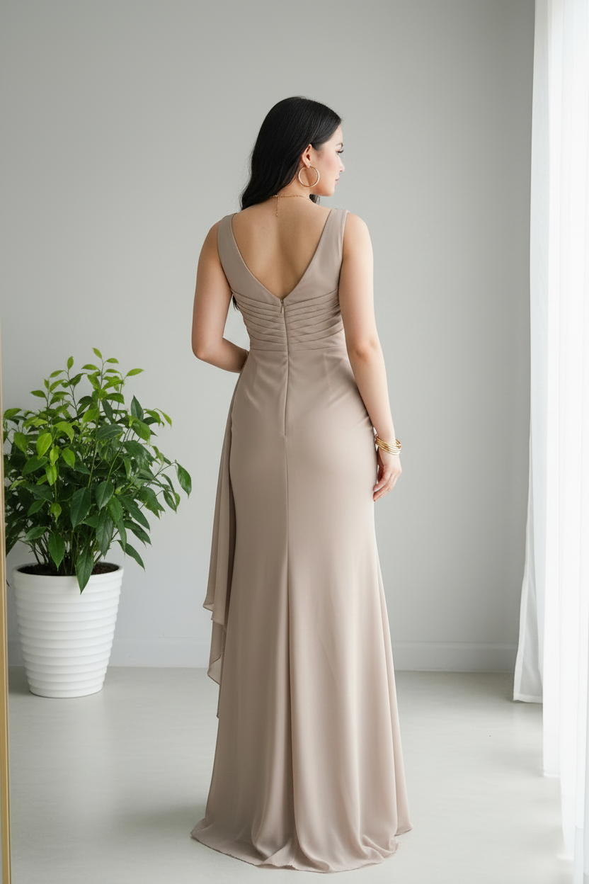 Vestido Nude Beige Sin Mangas con Rosa 3D y Volantes en Gasa cod.972