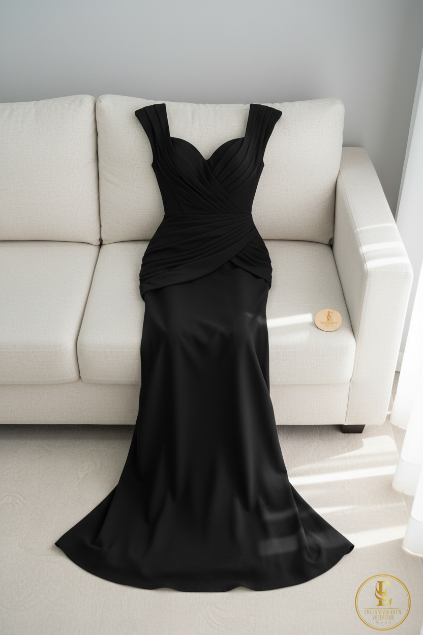 Vestido Negro Escote Corazón Tirantes Estructurados Drapeado Sirena cod.742